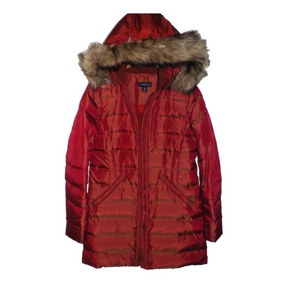 Women's XS 2-4 Lands' End Shimmer Down Coat Puffer Burgundy Orange Hood - Picture 1 of 16